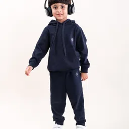 Kiddopanti Fleece Full Sleeves Solid Coordinating Hooded Sweatshirt With Track Pants - Navy Blue-picture-6