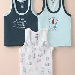 Revvo Junior Cotton Knit Sleeveless Set of Vests Surf Theme Print Pack of 3-Mint Deep Green & White-22