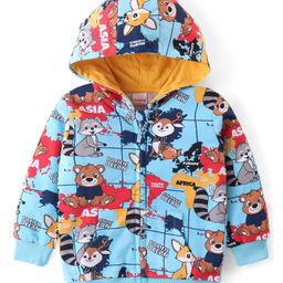 Babyhug Cotton Knit Full Sleeves Front Open Hooded Sweatjacket with Animals Print & Kangaroo Pockets - Blue-image-88