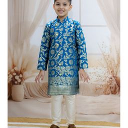 BownBee Full Sleeves Floral Foil Printed Front Open Sherwani With Pyjama Set - Blue-picture-23