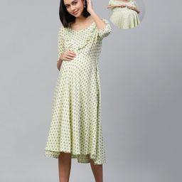 Swishchick Cotton Three Fourth Sleeves Floral Printed Maternity Dress With Concealed Zipper Nursing Access - Green-picture-20