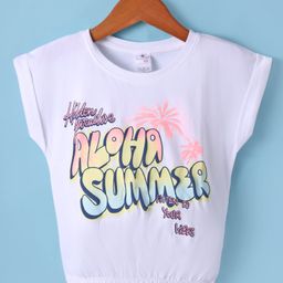 Smarty Girls Cotton Knit Half Sleeves Top With Aloha Summer Print - Offwhite-image-54