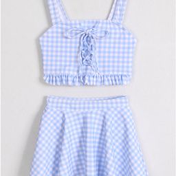 Mark & Mia Sleeveless Two Piece Swimsuit with Checkered Print & Lace Detailing - Light Blue-image-74