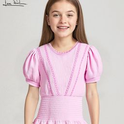 Arias Half Sleeves Cotton Double Gauze Top With Lace Detailing - Pink-image-4