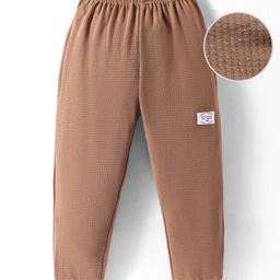 Evimo Interlock Knit Full Length Lounge Pant with Text Patch Detailing - Brown-picture-4