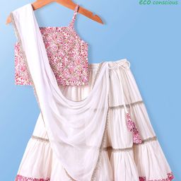 Babyoye 100% Cotton Woven Singlet Sleeves Floral Printed Choli Lehenga Set with Dupatta & Tassle Detailing - White-image-88