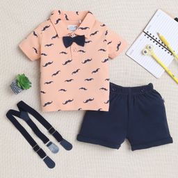 BUMZEE Cotton Half Sleeves Attached Bow Detailed Moustache Printed Polo Tee With Shorts & Suspender Set - Peach & Navy Blue-image-87