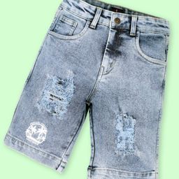 Kiddopanti Denim Tropical Paradise Text Printed Distressed Shorts - Light Blue-image-75