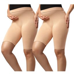 TUMMY Bamboo Cotton Pack Of 2 Solid Maternity Over Belly High Waist Shorts - Beige-image-86