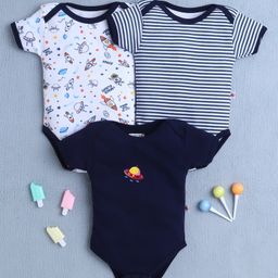 BUMZEE Cotton Knit Half Sleeves Space Theme Printed Onesies Pack of 3 - Navy Blue & White-image-75