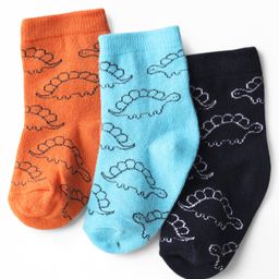 Cute Walk by Babyhug Knit Ankle Length Anti Bacterial Socks with Dino Print Pack of 3 - Orange Light Blue & Black-image-47