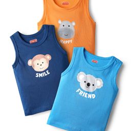 Babyhug 100% Cotton Knit Antibacterial Sleeveless Sandos with Animal Print Pack of 3 - Orange Navy & Light Blue-picture-20