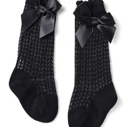 Cute Walk by Babyhug Knit Calf Length Party Socks with Bow Applique & Cable Knit Design - Black-picture-11