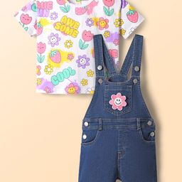 Babyhug Single Jersey Knit Half Sleeves Inner Tee & Denim Dungaree Set with Back Snap Buttons Tropical Theme Print & Floral Embroidery - White-image-48