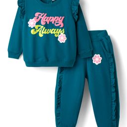 Babyhug Terry Knit Full Sleeves Top & Lounge Pant Set with Text Print & Frill Detailing - Teal Blue-image-15