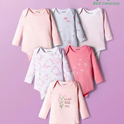 Babyoye 100% Cotton Knit Full Sleeves Onesies with Stripe Animal Butterfly Floral & Heart Print Pack of 6 - Pink-picture-0