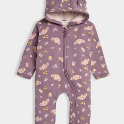 Mi Arcus Knit Full Sleeves Floral & Baby Animals Printed Hooded Romper - Mauve-picture-0