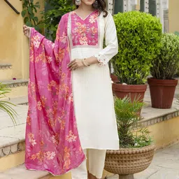 Navlik Women Floral Yoke Design Regular Thread Work Chanderi Silk Kurta with Trousers & With Dupatta-picture-28