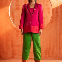 Indethnic Shawl Neck Pure Cotton Top With Trousers & Jacket-image-40