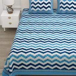 ATARAH Blue & White Striped 144 TC Queen Bedsheet with 2 Pillow Covers-picture-23