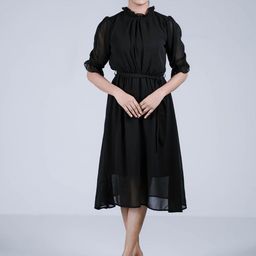 Eilaa Women Puff Sleeve Fit and Flare Midi Dress-image-86