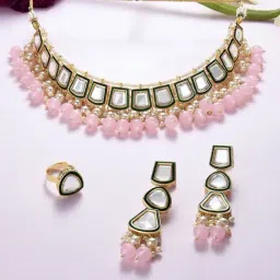 Zaveri Pearls Pink Cluster Beaded Kundan Choker Necklace Earring & Ring Set-ZPFK16363-image-28