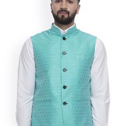 VEERA PARIDHAAN Jacquard Silk Printed Mandarin Collar Nehru Jacket-11