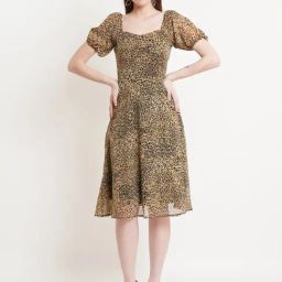 DODO & MOA Brown Printed A-Line Dress-image-90