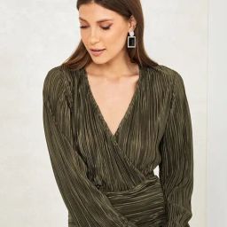 Styli Metallic Pleated Wrap Front Top with Fitted Waistband-image-77