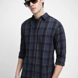 Dennis Lingo Blue Cotton Slim Fit Checks Shirt-picture-10