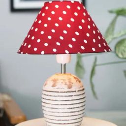 Homesake Cone Red Dot Red Wood Ribbed Basket Table Lamp with Fabric Lampshade-24