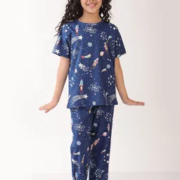 YK Girls Solar System Printed Pure Cotton Short Sleeve Night Suit-image-84