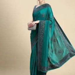 Mohey Teal Green Silk Embroidered Saree With Unstitched Blouse-image-56
