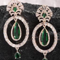 Karatcart Rose Gold Plated Green Cubic Zirconia Studded Hoop Dangler Earrings for Women-35