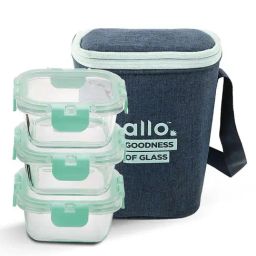 Allo Borosilicate Glass Lunch Box Microwave Oven Safe With Detachable Lock and Denim Blue Tiffin Bag-image-13
