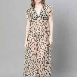 Oxolloxo Beige & Black Polyester Animal Print Beachwear Dress-image-43
