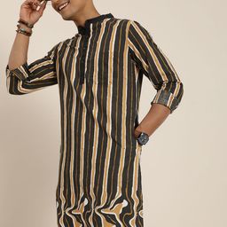Taavi Men Black & Brown Striped Wild Tribe Printed Kurta-99