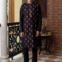 PATR Men Floral Embroidered Regular Kurta with Trousers-image-7