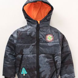 Little Kangaroos Hooded Neck Full Sleeves Padded Jacket Camouflage Print - Orange & Black-picture-28
