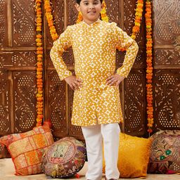 Stylo Bug Full Sleeves Seamless Batik Design Printed Kurta With Pyjama Set - Yellow-image-1