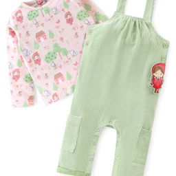 Babyhug Cotton Knit Dungaree with Full Sleeves Inner Tee Scenery Print - Pink & Green-image-61