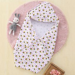 Babyhug Interlock Hooded Wrappers With Honey Bee Print L 76.2 x B 76.2 cm - White-image-17
