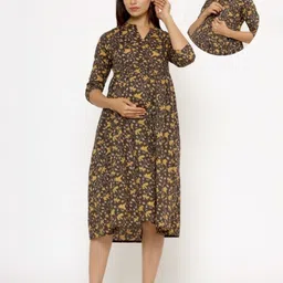 CRAFIQA Three Fourth Sleeves Floral Printed Maternity Dress With Concealed Zipper Nursing Access - Brown-picture-38