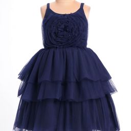 Bluebell Net Knit Singlet Sleeves Party Frock with Floral Corsage & Pearl Detailing - Navy Blue-image-78