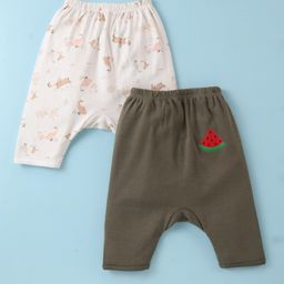 Ben Benny 100% Cotton Interlock Knit Ultra Comfort Diaper Leggings Watermelon & Animals Print Pack of 2 - Off White & Olive-image-60