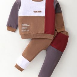 ToffyHouse 100% Knitted Cotton Full Sleeves Winter Wear Suit With Color Block Print - Brown-image-33