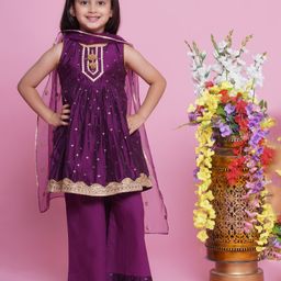 Little Bansi Chanderi Cotton Sleeveless Lace Embellished & Foil Printed Coordinating Kurta Palazzo With Dupatta Set - Purple-image-76