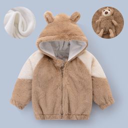 Kookie Kids Full Raglan Sleeves Hooded Fur Winter Jacket With Bear Applique - Brown-image-4