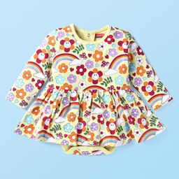 Babyhug 100% Cotton Knit Full Sleeves Floral Printed Frock Style Onesie - Cream-image-97