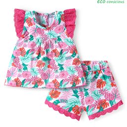 Babyoye Eco Conscious 100% Cotton Knit Frill Sleeves Co-ords Top & Shorts Set Tropical Theme Print - Pink-image-55